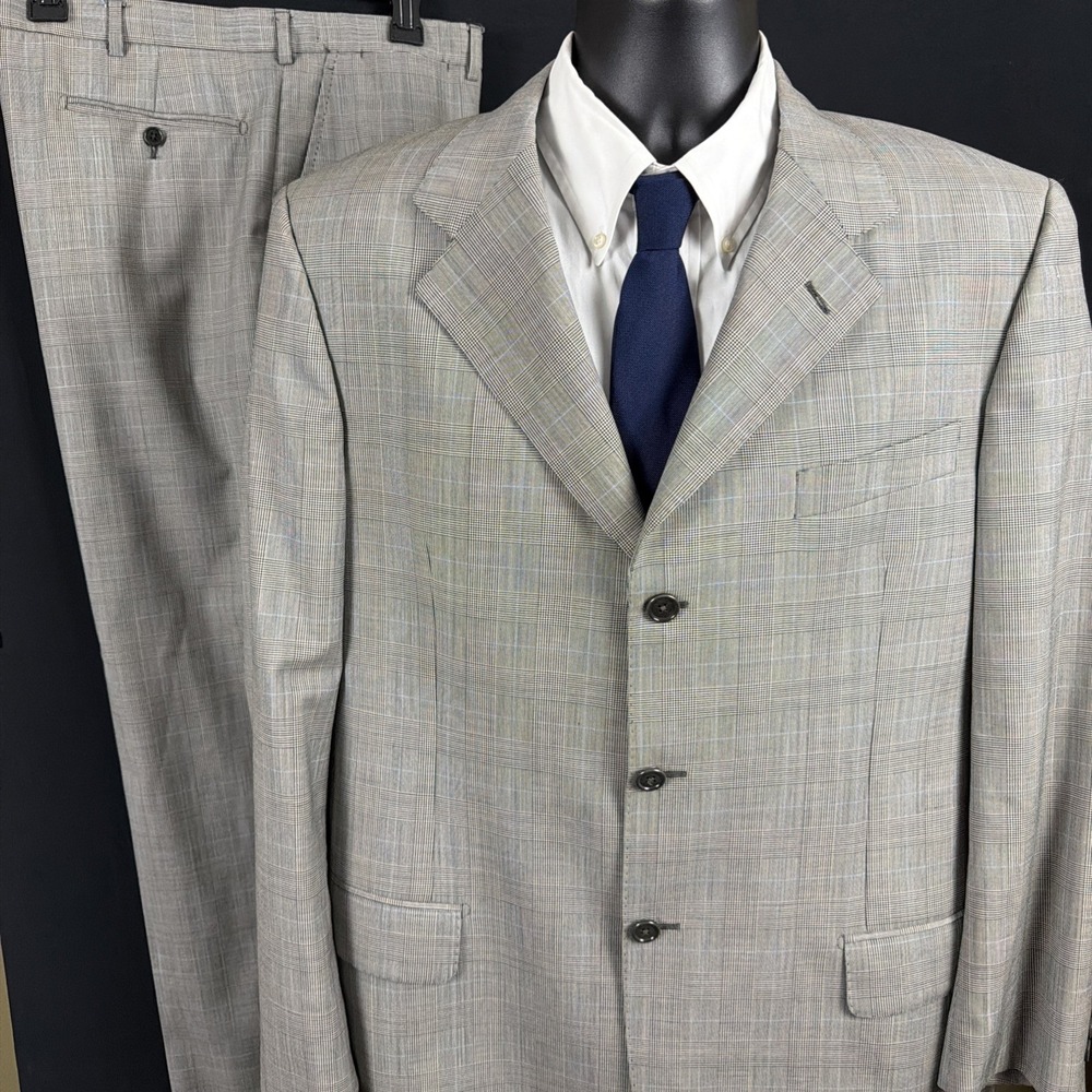 Paul Stuart Men's Glen Plaid Suit 43R / W37 Made in Italy 100% Virgin Wool Gray